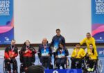 Medallistas de boccia paralímpico en podio del Campeonato Mundial Americas Cali 2025 con bandera de Colombia