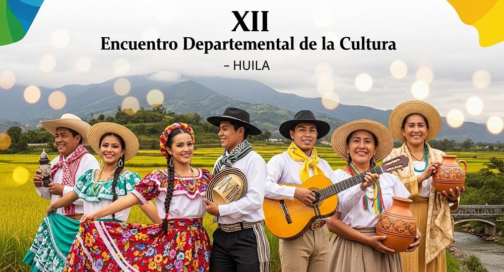 Artistas huilenses celebran el XII Encuentro Departamental de la Cultura con trajes típicos, instrumentos y artesanías en un paisaje montañoso con arrozales y un puente.