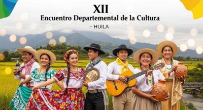 Artistas huilenses celebran el XII Encuentro Departamental de la Cultura con trajes típicos, instrumentos y artesanías en un paisaje montañoso con arrozales y un puente.