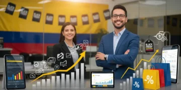 Empresarios colombianos sonrientes en oficina moderna con bandera de Colombia, gráficos de ventas ascendentes, dispositivos móviles mostrando dashboards y bolsas de compras con símbolos de descuento Black Friday