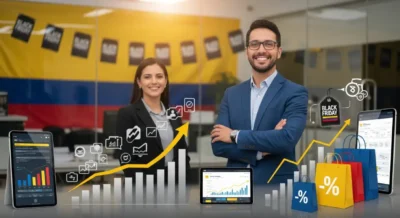 Empresarios colombianos sonrientes en oficina moderna con bandera de Colombia, gráficos de ventas ascendentes, dispositivos móviles mostrando dashboards y bolsas de compras con símbolos de descuento Black Friday