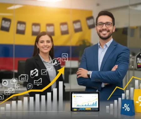 Empresarios colombianos sonrientes en oficina moderna con bandera de Colombia, gráficos de ventas ascendentes, dispositivos móviles mostrando dashboards y bolsas de compras con símbolos de descuento Black Friday