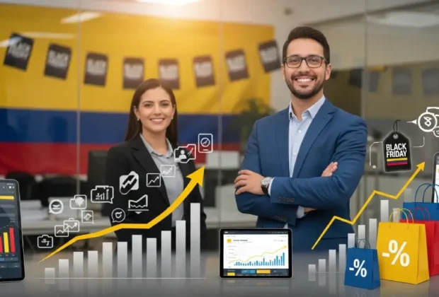 Empresarios colombianos sonrientes en oficina moderna con bandera de Colombia, gráficos de ventas ascendentes, dispositivos móviles mostrando dashboards y bolsas de compras con símbolos de descuento Black Friday