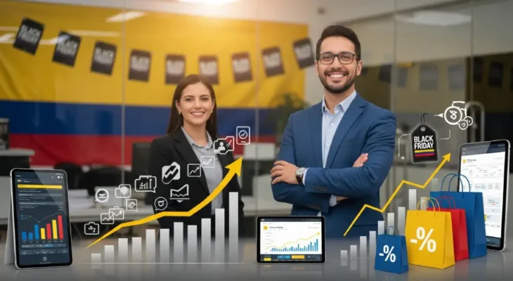 Empresarios colombianos sonrientes en oficina moderna con bandera de Colombia, gráficos de ventas ascendentes, dispositivos móviles mostrando dashboards y bolsas de compras con símbolos de descuento Black Friday